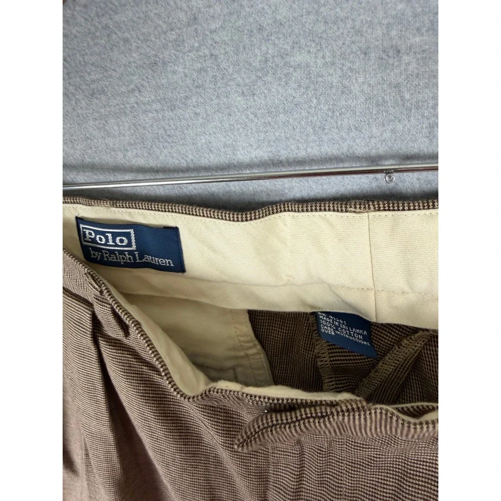Polo Ralph Lauren Mens Brown Micro Houndstooth Pleated Cuffed Cotton Pants 35x27